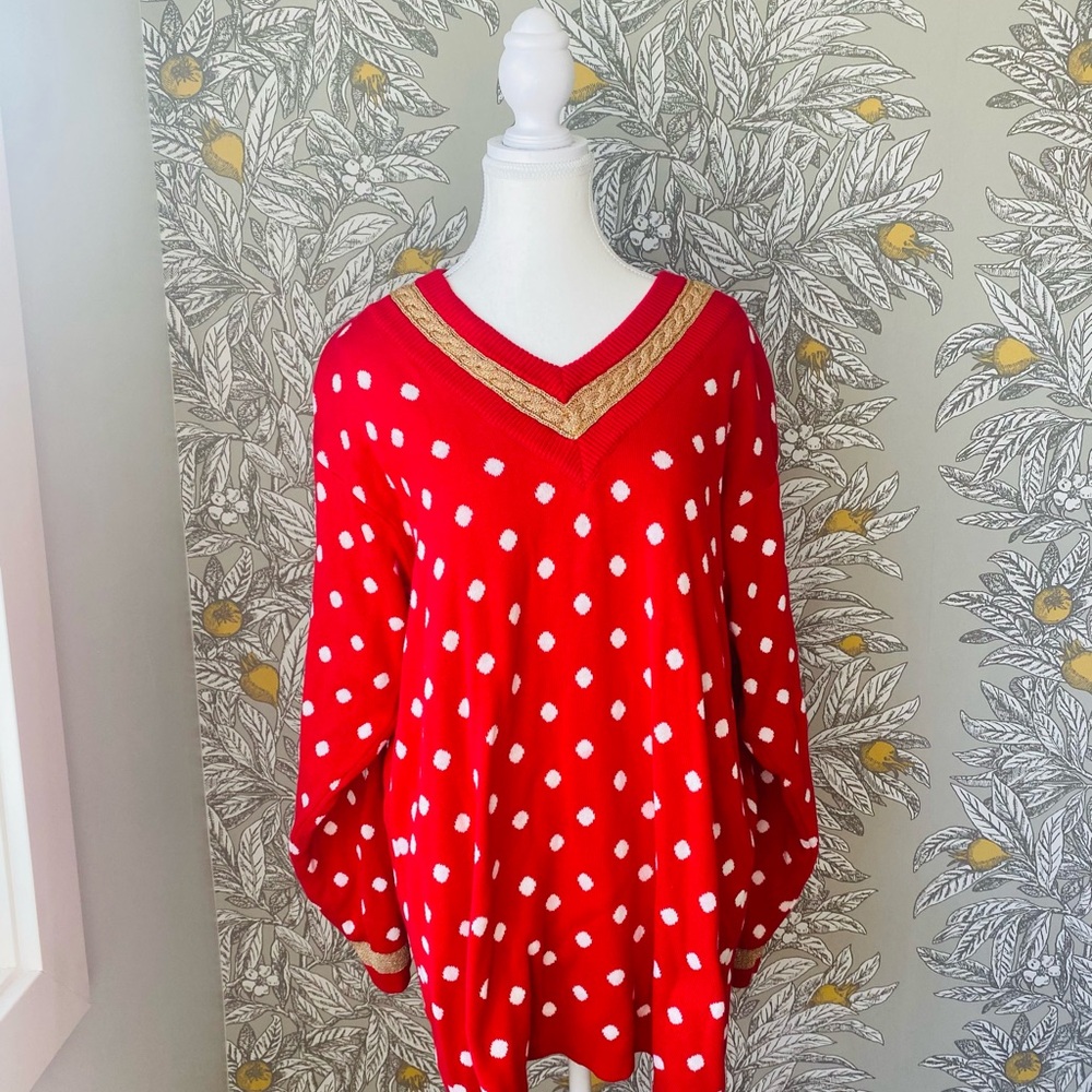 Vintage First Issue Medium 98% Cotton Red White Gold Polka Dot Sweater Holiday
